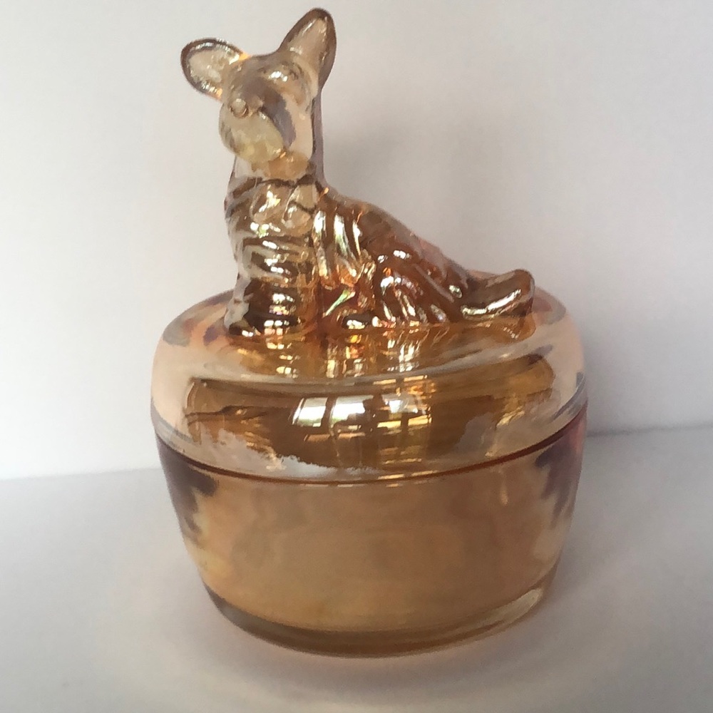Jeanette Glass Iridescent Marigold Glass Scottie Dog Trinket Jar